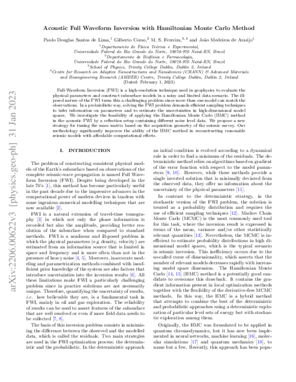 (PDF) Acoustic Full Waveform Inversion with Hamiltonian Monte Carlo Method
