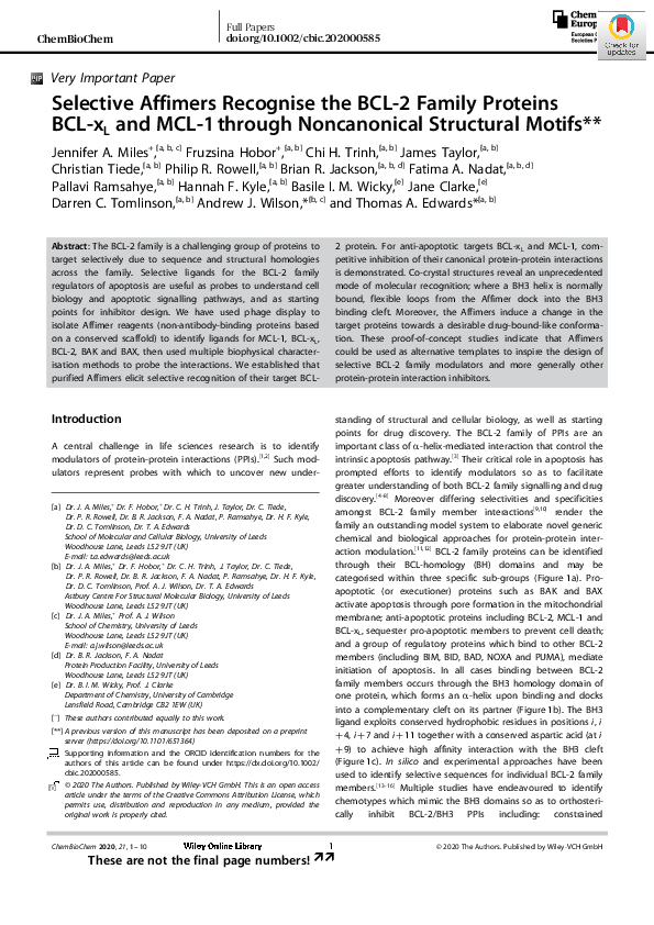 (PDF) Selective Affimers Recognise the BCL‐2 Family Proteins BCL‐xL and ...