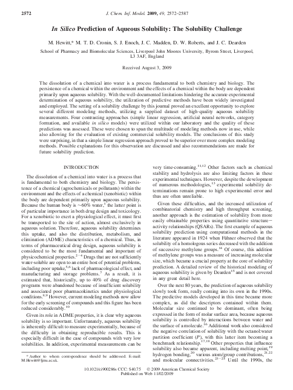 (PDF) In Silico Prediction of Aqueous Solubility: The Solubility Challenge
