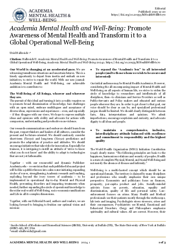 Academia Mental Health and Well-Being: Promote Awareness of Mental Health and Transform it to a Global Operational Well-Being