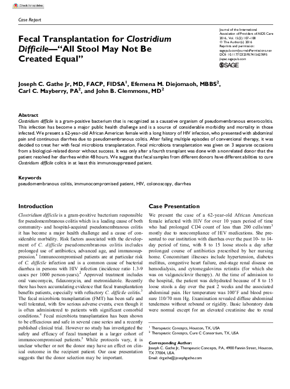 (PDF) Fecal Transplantation for Clostridium Difficile—“All Stool May ...