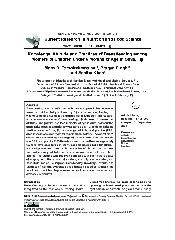 (PDF) Knowledge, Attitude and Practices of Breastfeeding Among Mothers ...