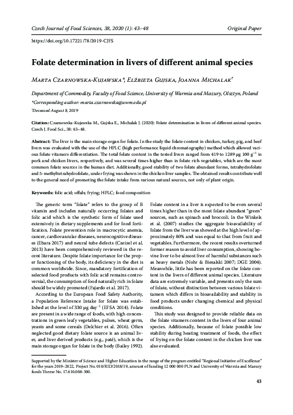 (PDF) Folate determination in livers of different animal species