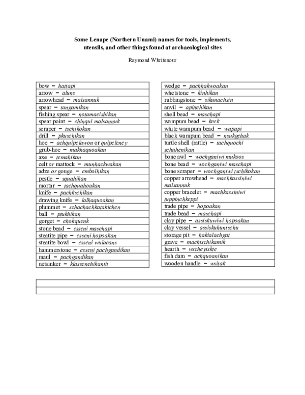 (DOC) Some Lenape (Northern Unami) names for tools, implements ...