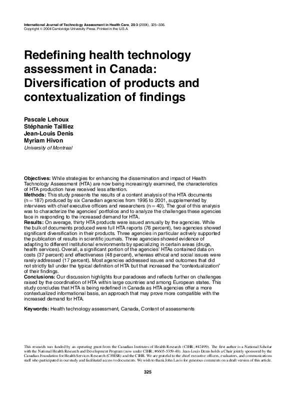 (PDF) Redefining health technology assessment in Canada ...