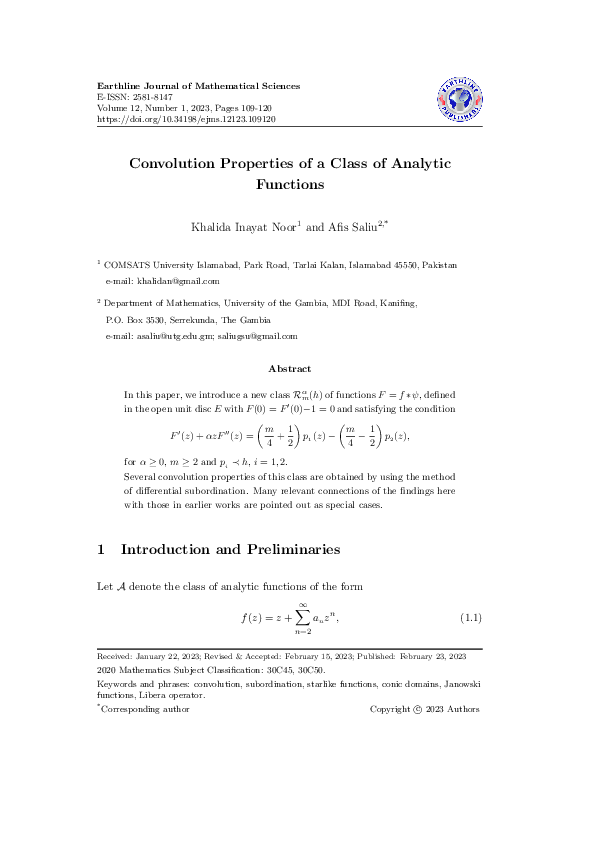 (PDF) Convolution Properties of a Class of Analytic Functions