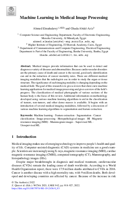 (PDF) Machine Learning in Medical Image Processing