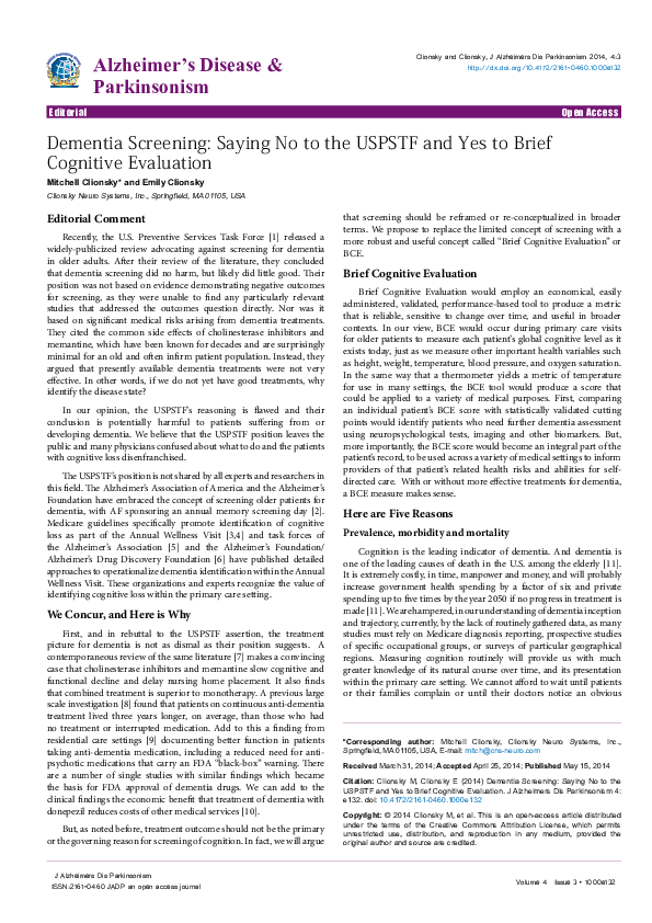 (PDF) Dementia Screening: Saying No to the USPSTF and Yes to Brief ...