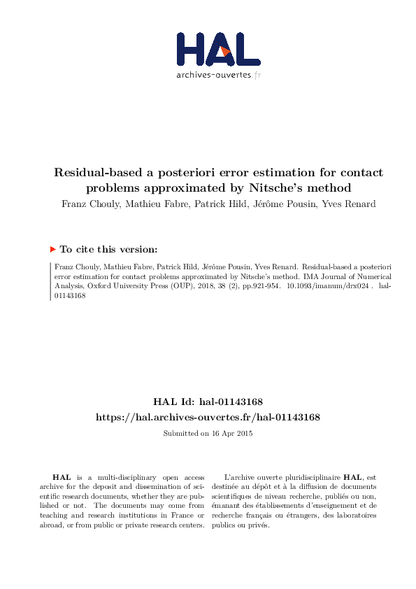 (PDF) Residual-based a posteriori error estimation for contact problems ...