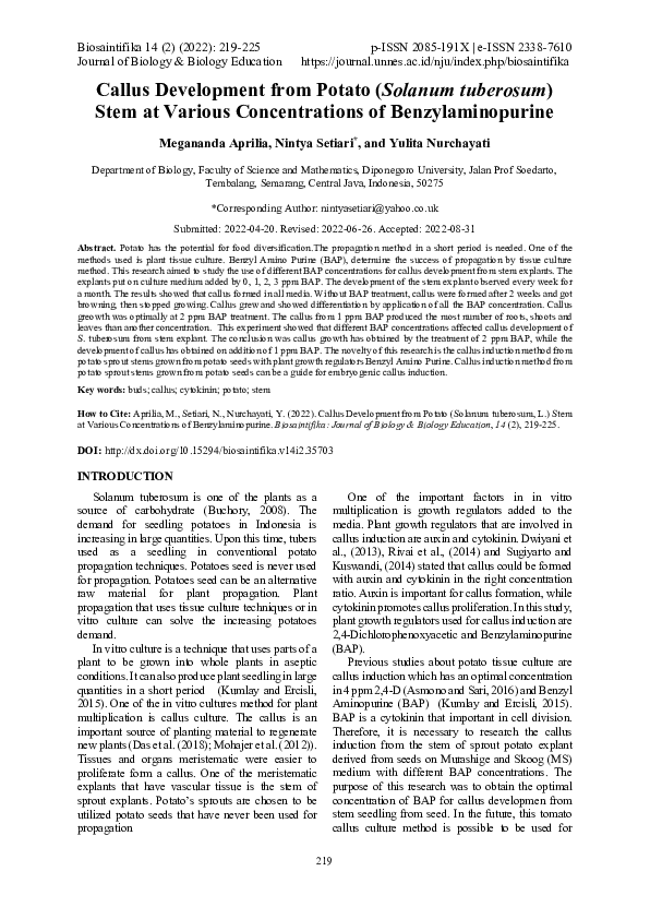 (PDF) Callus Development from Potato (Solanum tuberosum) Stem at ...