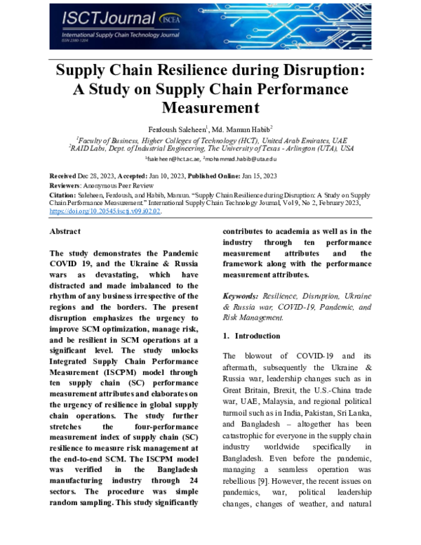 (PDF) Supply Chain Resilience during Disruption: A Study on Supply ...
