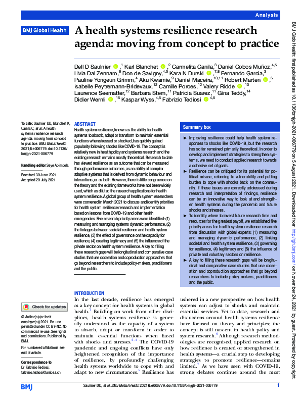 (PDF) A health systems resilience research agenda: moving from concept ...