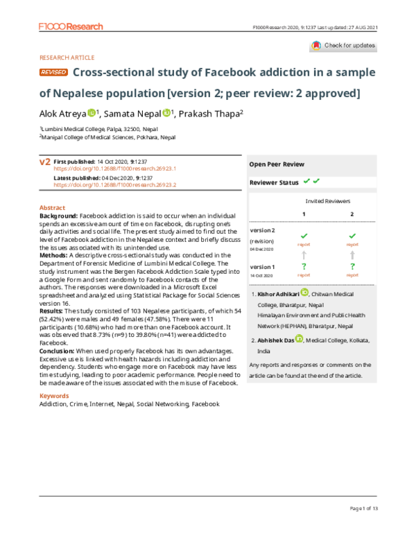 (PDF) Cross-sectional study of Facebook addiction in a sample of ...