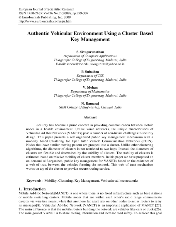 (PDF) Authentic Vehicular Environment Using a Cluster Based Key Management