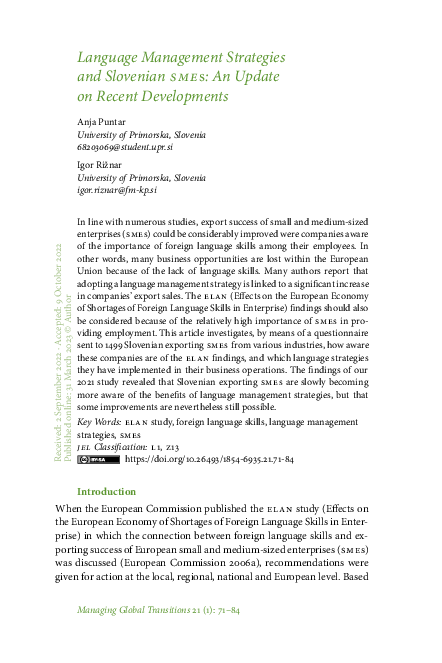 (PDF) Language Management Strategies and Slovenian SMEs: An Update on ...