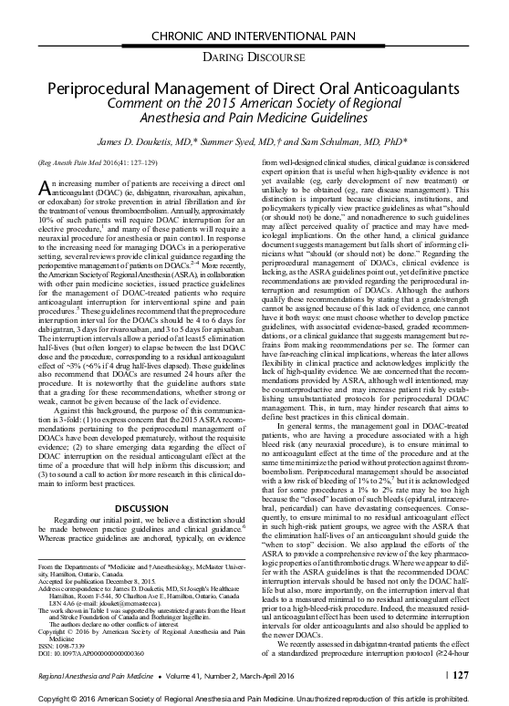 (PDF) Periprocedural Management of Direct Oral Anticoagulants