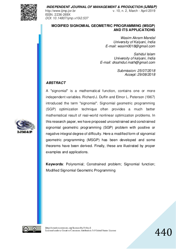 (PDF) Modified signomial geometric programming (MSGP) and its applications