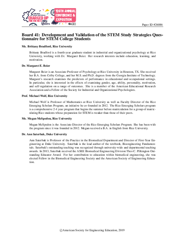 (PDF) Board 41: Development and Validation of the STEM Study Strategies ...