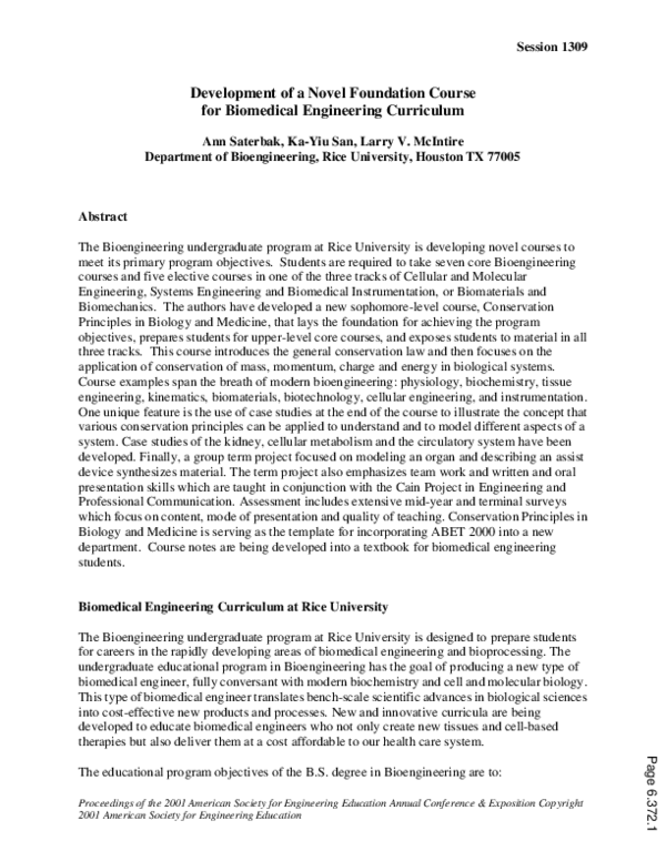 (PDF) Development Of A Novel Foundation Course For Biomedical ...