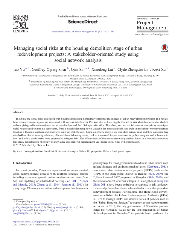(PDF) Managing social risks at the housing demolition stage of urban ...