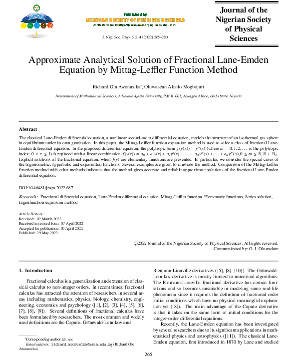 (PDF) Approximate Analytical Solution of Fractional Lane-Emden Equation ...