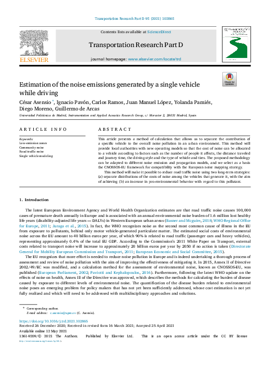 (PDF) Estimation of the noise emissions generated by a single vehicle ...