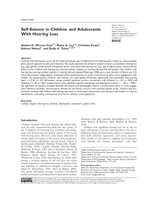 (PDF) Self-Esteem in Children and Adolescents With Hearing Loss
