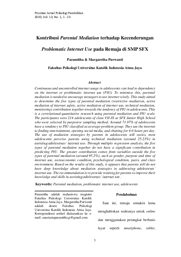 (PDF) Kontribusi Parental Mediation terhadap Kecenderungan Problematic ...