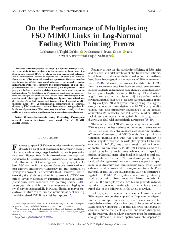 (PDF) On the Performance of Multiplexing FSO MIMO Links in Log-Normal ...