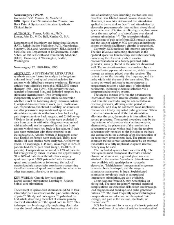 (PDF) Spinal Cord Stimulation for Chronic Low Back Pain