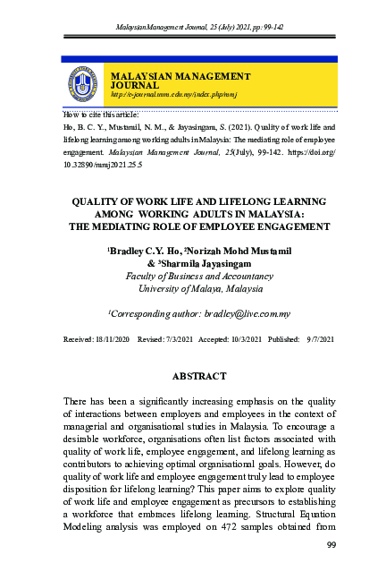 (PDF) Quality of Work Life and Lifelong Learning Among Working Adults ...