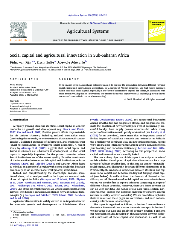 (PDF) Social capital and agricultural innovation in Sub-Saharan Africa