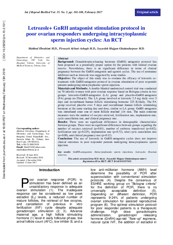 Letrozole+ GnRH antagonist stimulation protocol in poor ovarian responders undergoing intracytoplasmic sperm injection cycles: An RCT