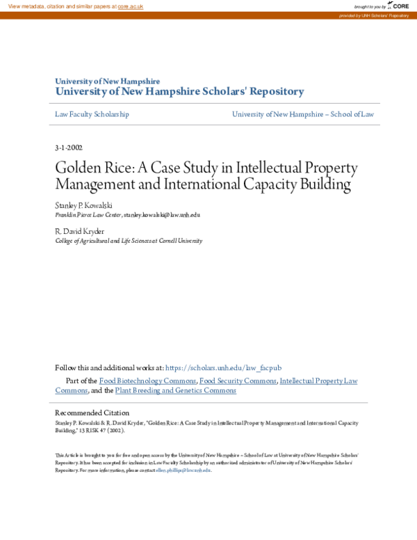 (PDF) Golden Rice: A Case Study in Intellectual Property Management and ...