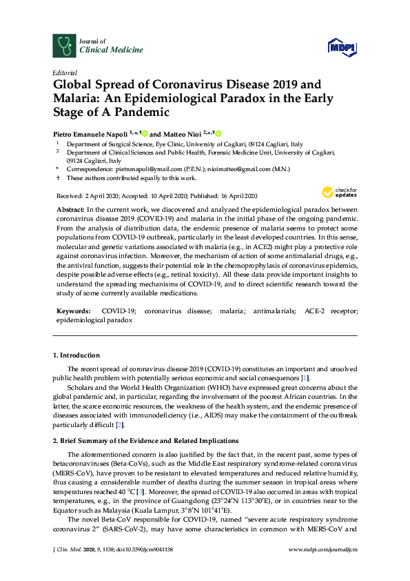 (PDF) Global Spread of Coronavirus Disease 2019 and Malaria: An ...