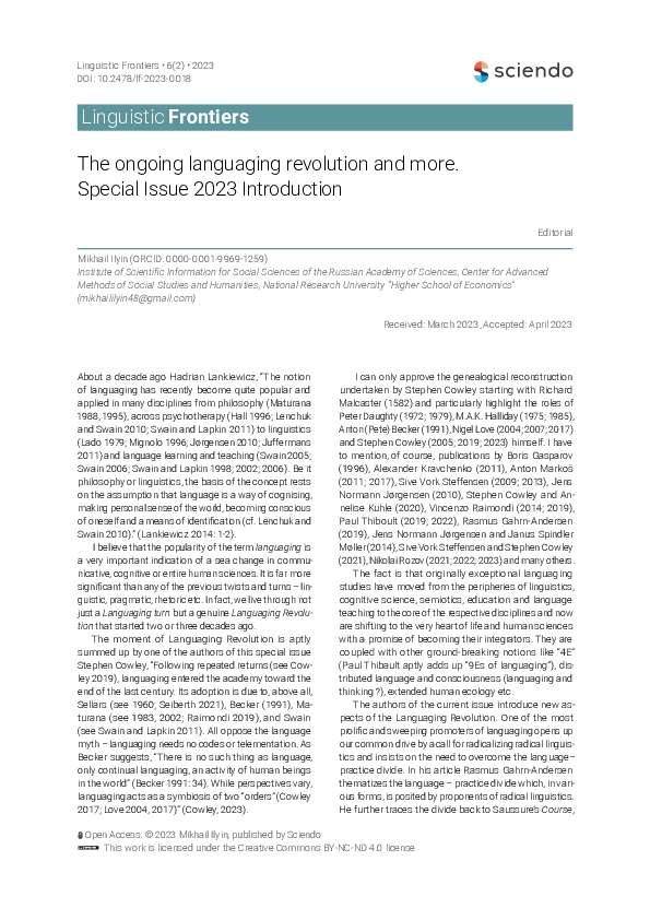 (PDF) The ongoing languaging revolution and more. Special Issue 2023 ...