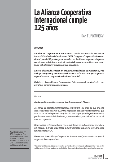 (PDF) La Alianza Cooperativa Internacional cumple 125 anos