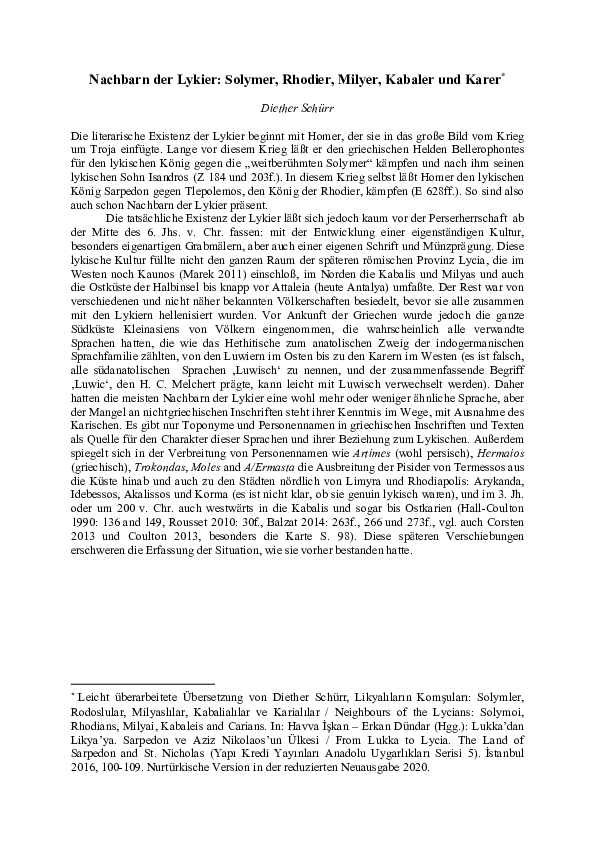 Nachbarn der Lykier: Solymer, Rhodier, Milyer, Kabaler und Karer