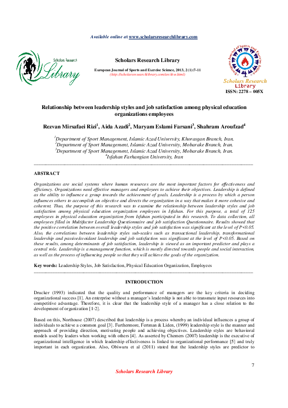(PDF) Relationship between leadership styles and job satisfaction among ...