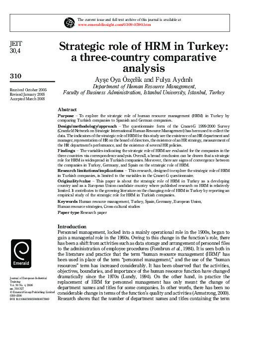 (PDF) Strategic role of HRM in Turkey: a three‐country comparative analysis