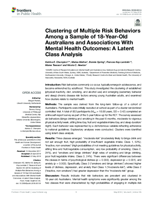 (PDF) Clustering of Multiple Risk Behaviors Among a Sample of 18-Year ...