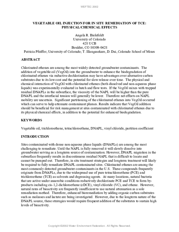 (PDF) Vegetable Oil Injection for in Situ Remediation of Tce: Physical ...
