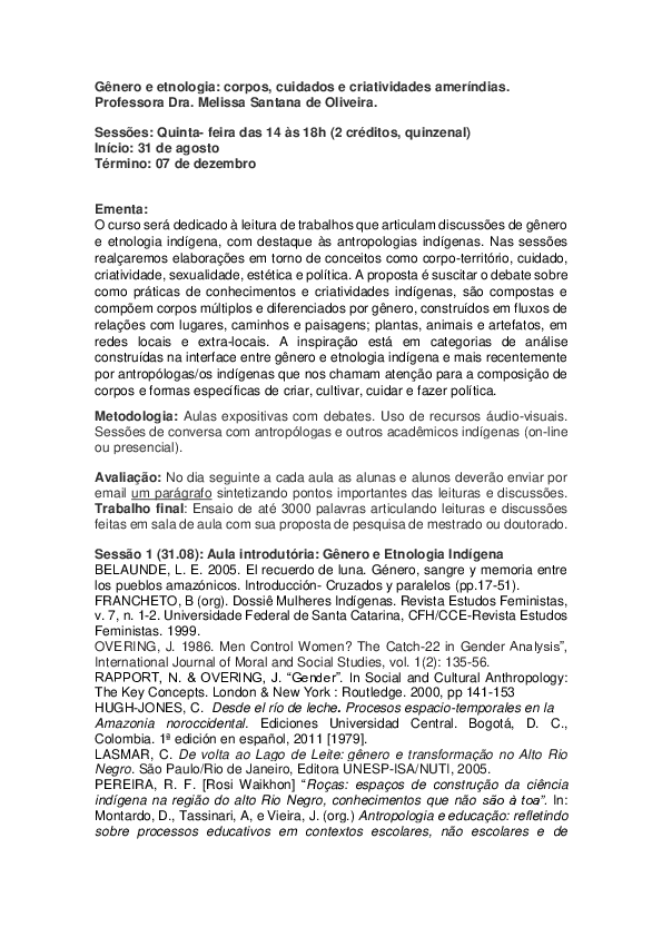 Ementa do curso Gênero e etnologia: corpos, cuidados e criatividades ameríndias
