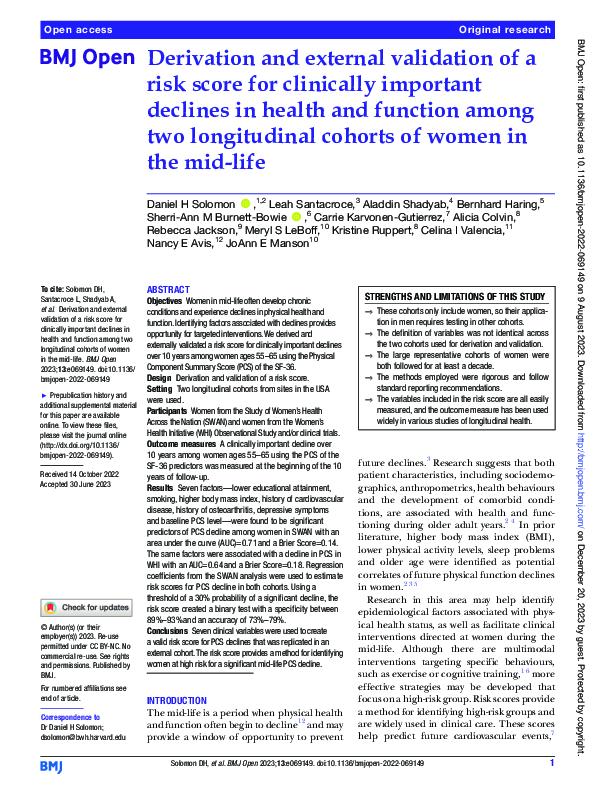 (PDF) Derivation and external validation of a risk score for clinically ...