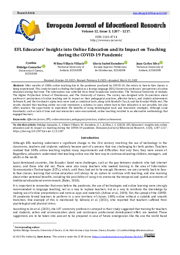 (PDF) EFL Educators’ Insights into Online Education and its Impact on ...