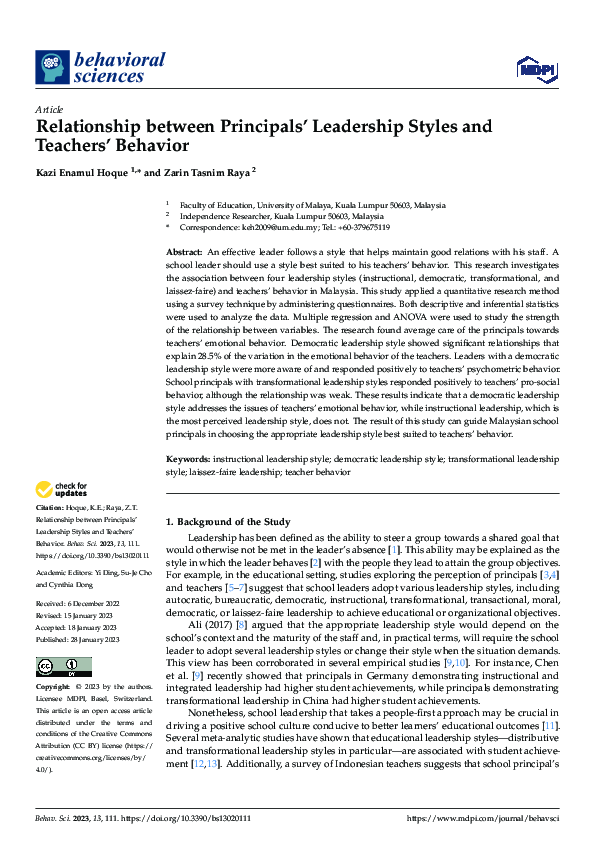 (PDF) Relationship between Principals’ Leadership Styles and Teachers ...