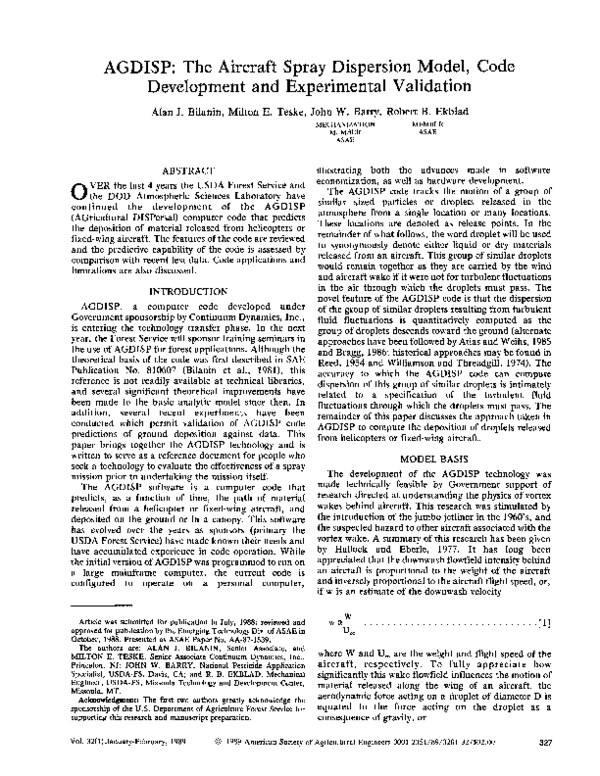 (PDF) AGDISP: The Aircraft Spray Dispersion Model, Code Development and ...