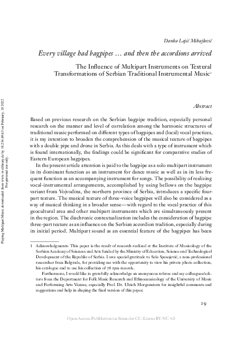 Every village had bagpipes … and then the accordions arrived. The Influence of Multipart Instruments on Textural Transformations of Serbian Traditional Instrumental Music