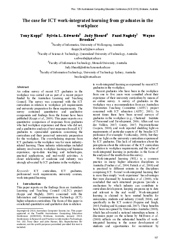(PDF) The case for ICT work-integrated learning from graduates in the ...