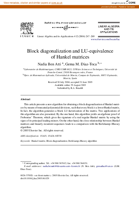 (PDF) Block diagonalization and LU-equivalence of Hankel matrices